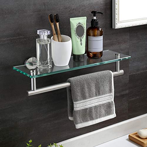 KES Estante de cristal templado de 40,6 cm, estante flotante de cristal para pared de baño con toallero SUS304, estante de ducha de acero inoxidable, acero cepillado, A2022-2 KES Estante de cristal templado de 40,6 cm, estante flotante de cristal para pared de baño con toallero SUS304, estante de ducha de acero inoxidable, acero cepillado, A2022-2