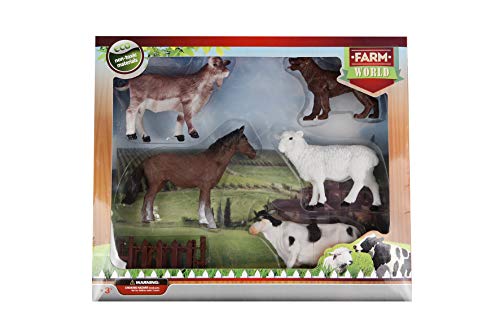 Kids Globe 5 Animales de Granja con Valla, 10-12 cm (Cabra, Perro, Oveja, Caballo, Vaca) – 570235