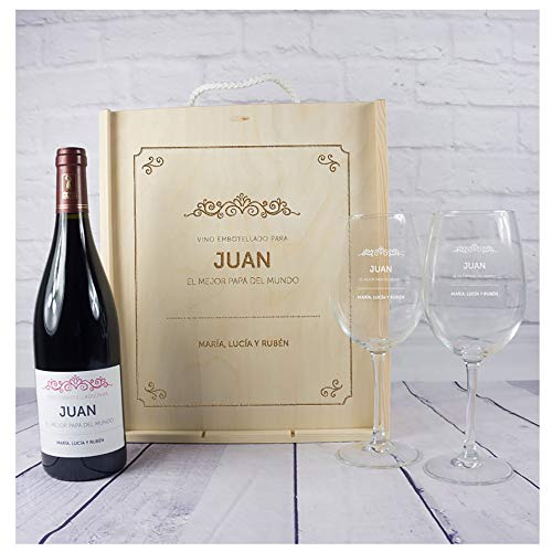 Kit con Botella de Vino + Copas de Vino + Caja de Madera, Todo ello Personalizable con Nombre, dedicatoria y Firma
