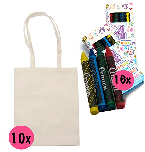L+H Bolsa de Tela para Pintar para niños, 10 Bolsas de Tela y 16 lápices de Tela,, Ideal para cumpleaños Infantiles, Bolsa de Tela de Yute para Escribir