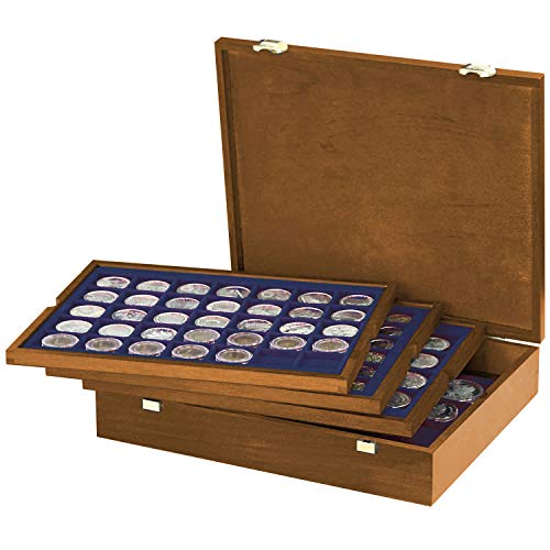 LINDNER Das Original Caja de madera para monedas con 4 bandejas azules para 127 monedas de diferentes diámetros.