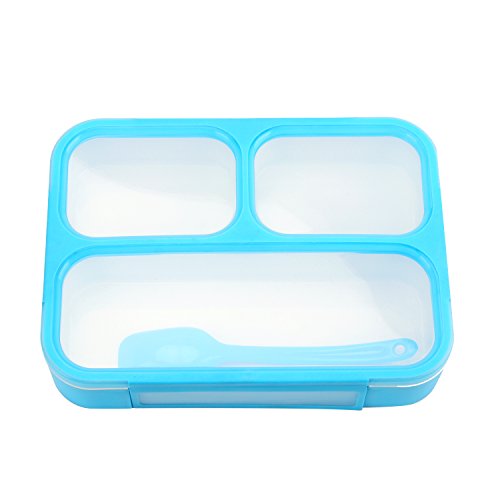 LUNCHLICIOUS Fiambrera Bento Box, fiambrera, color azul, apta para microondas, a prueba de fugas, 3 compartimentos, incluye cuchara, color azul