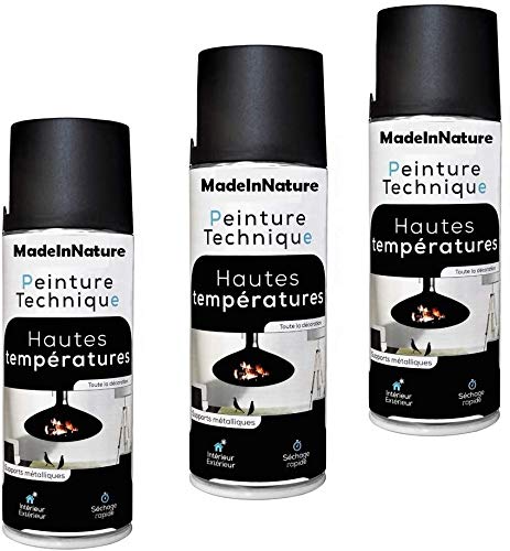 MadeInNature - Lote de 3 botes de pintura en aerosol de alta temperatura o radiadores para interior y exterior, 400 ml, 3 unidades de alta temperatura, color negro