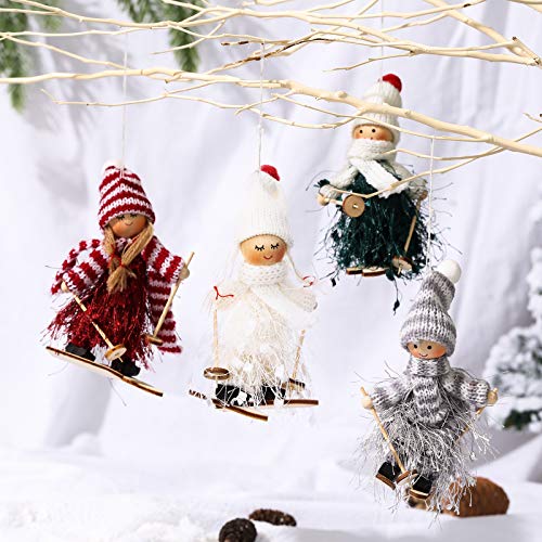 Makone Decoración navideña Original （Muñeca de esquí con Vestido con Flecos, Trineo, Bufanda y Sombrero） para árbol de Navidad y Fiesta de cumpleaños y decoración del hogar, Fiesta （4 Piezas）