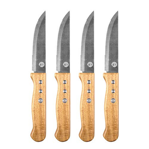 MasterChef 525519 Set de 4 cuchillos para carne grandes, Acero inoxidable, Mangos remachados de madera de acacia, Largo: 12,5 cm, Stainless Steel