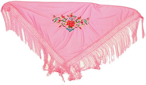 Medio Mantón de Manila (Pico). Color Rosa, Medidas: 110x50 cms. (flecos de 17 cms. no incluídos en las medidas). El bordado ocupa 28x15 cms. Medio Mantón de Manila (Pico). Color Rosa, Medidas: 110x50 cms. (flecos de 17 cms. no incluídos en las medidas). El bordado ocupa 28x15 cms.