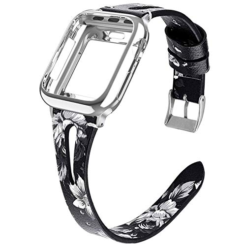 Miimall - Correa de reloj de piel para Apple Watch Serie 4/5/6/SE de 40 mm + carcasa de TPU para iWatch serie 6/5/4/SE de 40 mm – Impreso negro