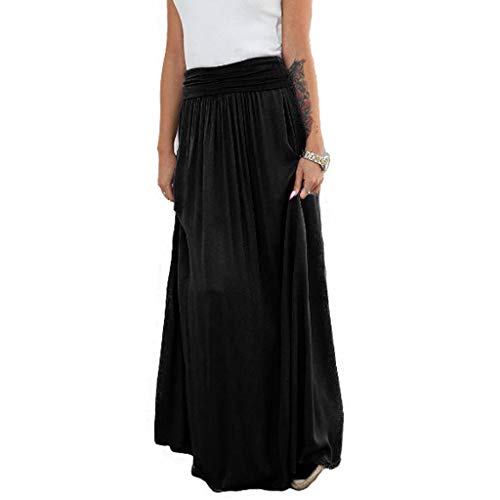 minjiSF Falda maxi para mujer, informal, de un solo color, vintage, elástica, cintura alta, línea en A, elegante, falda de verano Negro XL
