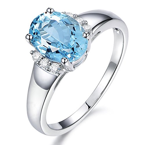 Naturales Azul Aguamarina Diamante Sólido 14K Oro blanco Prong Diamante Boda Compromiso Promesa Anillo Conjuntos para Mujer