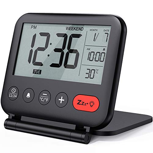 NOKLEAD Reloj Despertador Digital de Viaje - Mini Reloj Pantalla LCD portátil Calendario retroiluminado, Temperatura del Calendario Espejos cosméticos, Reloj de Escritorio Plegable (Negro)
