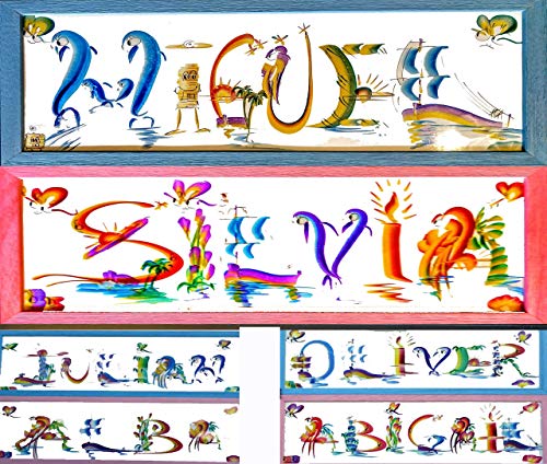 Nombres pintados Regalo Personalizado con MARCO 52 cm*22 cm* 1 cm Letra creativa Arcoiris decoración pared o puerta Personaliza tu hogar Cumpleaños Regalo