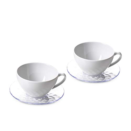 Omada Design 2 tazas grandes de 35 cl y dos platillos de colores, respectivamente en porcelana y acrílico transparente, perfectos para el desayuno, Diamond Line
