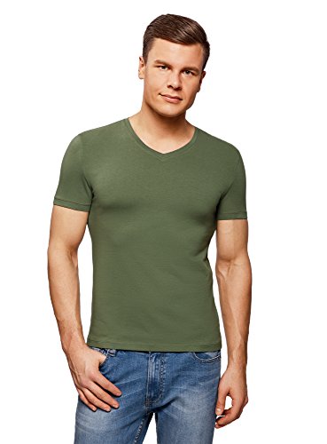 oodji Ultra Hombre Camiseta Básica con Escote en V, Verde, XL
