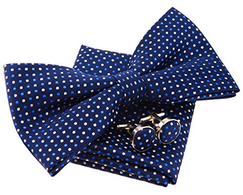Pajarita pequeña, de lunares, preanudada, 12 cm, con pañuelo cuadrado de bolsillo y gemelos - Set de regalo azul azul marino Talla única
