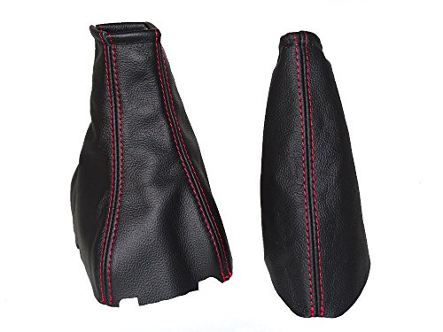 Para Chevrolet Lacetti 2002 – 07 – Funda para palanca de cambios y freno de mano en negro, de cuero auténtico con costura roja.