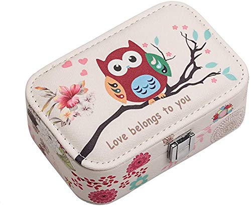 Pequeñas cajas de joyería de piel sintética de viaje, espejo incorporado, maquillaje y accesorios con cierre organizador para mujeres y niñas, anillos, pendientes, collar (búho C) Pequeñas cajas de joyería de piel sintética de viaje, espejo incorporado, maquillaje y accesorios con cierre organizador para mujeres y niñas, anillos, pendientes, collar (búho C)