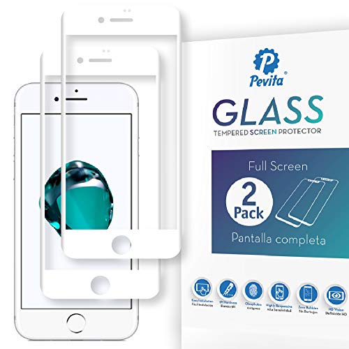 Pevita Protector de Pantalla Compatible con iPhone 7 Blanco/iPhone 8 Blanco [2 Packs] Full Screen. Sin Burbujas, Fácil Instalación. Cristal Templado iPhone 7 Blanco/iPhone 8 Blanco