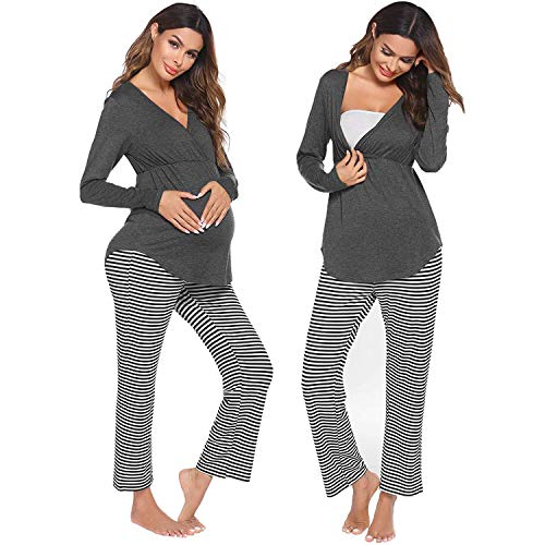 Pijamas, Conjunto de Pijamas de Maternidad para Mujeres Camiseta de Manga Larga con Cuello en V para amamantar Pantalones con Top y Rayas Ropa de Dormir para Embarazadas de Lactancia S-XXL, Gris OSC
