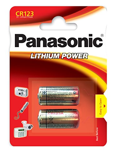 Pila cilíndrica de litio Panasonic CR123 para dispositivos ligeros con alta demanda de energía como detectores de humo, sistemas de alarma, faros, cámaras, 3 V, paquete de 2 unidades