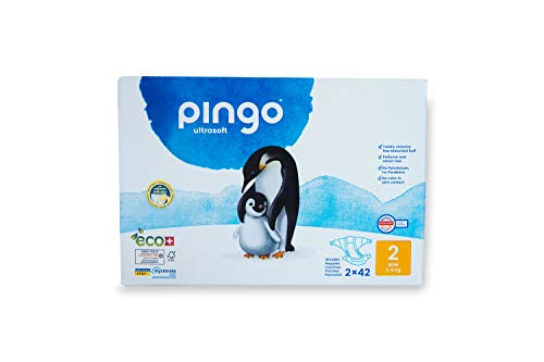 Pingo - Pañales Talla 2 Mini -2 paquetes de 42 unidades- 3-6 kg -Pañales para bebé - Anti-alergénicos sin perfume- Máxima Absorción - Pañales ecológicos - Pieles sensibles - Color Blanco