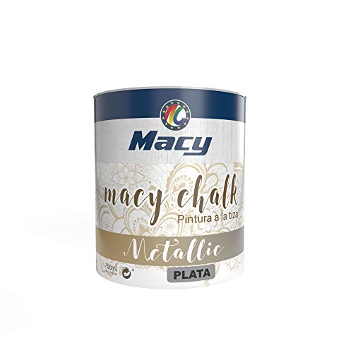 Pintura Macy-Chalk para Interior. Acabado Efecto Tiza-Empolvado. Redecora tus muebles. 750 Mililitros. Color Metalizado Plata