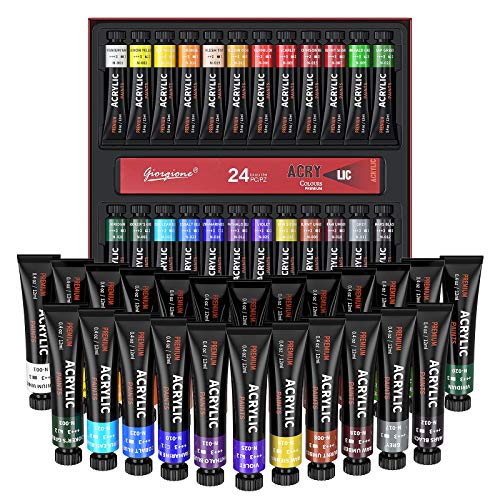 Pinturas Acrílicas, Acrylic Paint Set, No Tóxica, Set de 24 (Tubos 12ml) tubos de Pinturas Acrílicas, para artistas, principiantes o niños, para Lienzo, Papel, Maderas, Ocios Creativos, cerámica