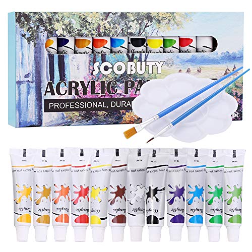 Pinturas Acrílicas,Acrylic Paint Set, Set de 12(Tubos 12ml) Tubos de Pinturas Acrílicas, Viene con 2 Pinceles y una Paleta, El Juego de acrílicos Artistas, Principiantes o niños