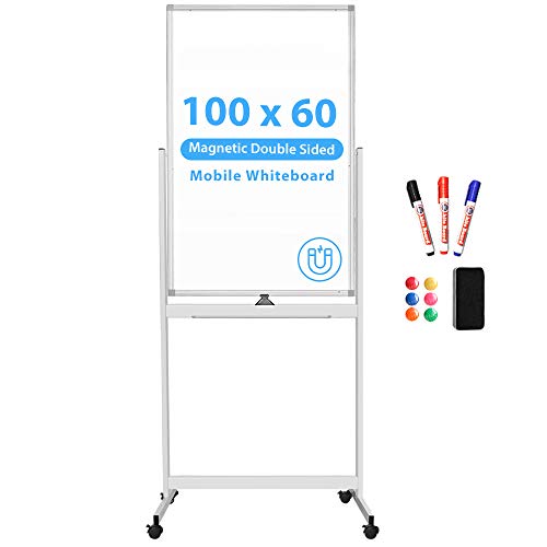 Pizarra blanca magnética móvil de 100 x 60 cm de doble cara de borrado en seco pizarra blanca con marco de aluminio de pie sobre ruedas Pizarra blanca magnética móvil de 100 x 60 cm de doble cara de borrado en seco pizarra blanca con marco de aluminio de pie sobre ruedas