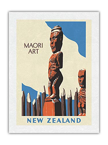 Póster vintage de Marcus King c.1940 con estatuas de madera talladas de Nueva Zelanda y arte maorí de papel de arroz de Unryu, 61 x 81 cm