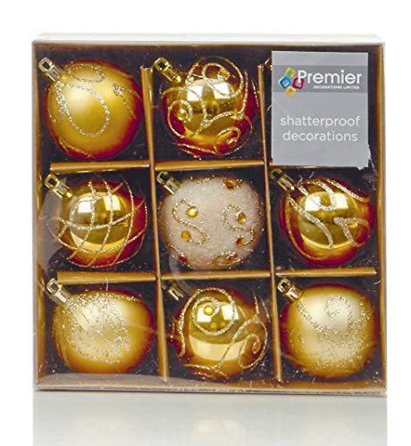 Premier - Juego de 9 Bolas para árbol de Navidad (6 cm), Color Dorado
