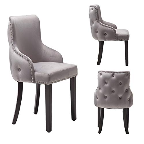 PS Global Set de 2 sillas de comedor Grace lujosas, de fácil montaje, tachuelas cromadas, parte posterior con mechones, parte posterior de botones profundos, terciopelo de felpa (gris claro)