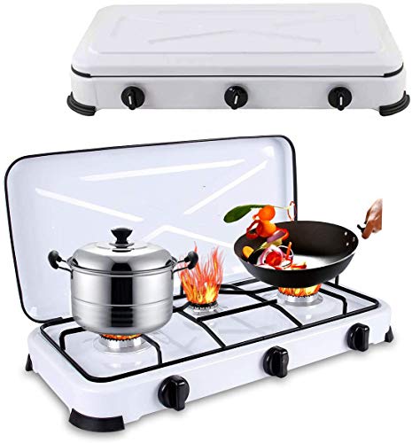 Qdreclod Estufa de gas portátil para camping, 3 quemadores, estufa de propano, 59 x 32 x 9 cm, cocina de gas