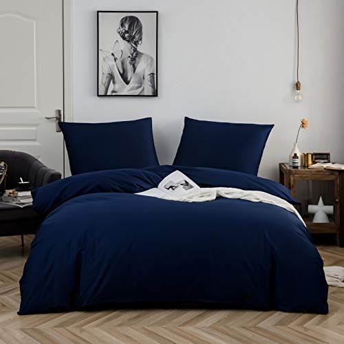 QZY - Juego de ropa de cama de algodón (200 x 220 cm, funda nórdica con 2 fundas de almohada de 80 x 80 cm), color azul marino