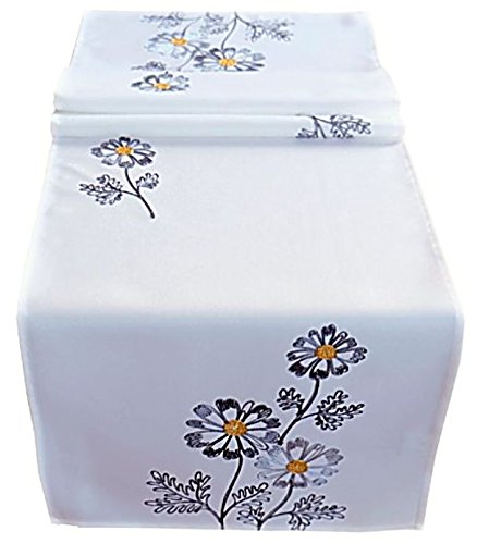 Raebel OHG Apolda Mantel de 40 x 140 cm, color blanco de lana, con flores bordadas, camino de mesa para primavera y verano (40 x 140 cm)