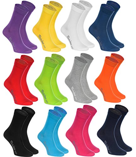 Rainbow Socks - Hombre Mujer Calcetines Colores de Algodón - 12 Pares - Negro Blanco Gris Morado Azul Marino Pantalones Vaqueros Naranja Rojo Amarillo Verde Azulado Verde Fucsia - Talla 44-46