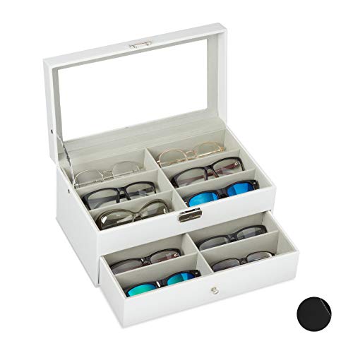 Relaxdays Caja Gafas con 12 Compartimentos, Organizador, 1 Ud, Cuero Sintético-Cristal, 15,5 x 33,5 x 19 cm, Blanco