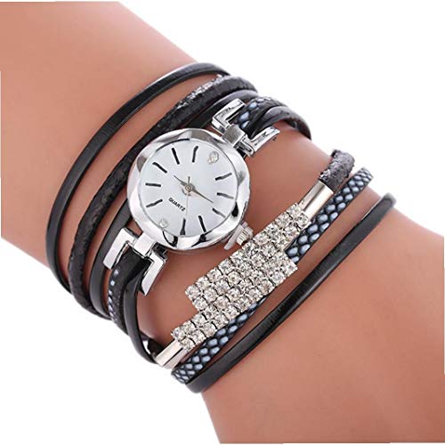 Reloj de las mujeres reloj de cuarzo analógica con cuero Brazalete de cristal de múltiples capas de la PU de la armadura Wrap Casual Watch reloj de pulsera con la batería (Negro) Conjunto de joyas