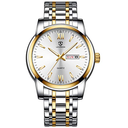 Relojes para Hombre Reloj clásico de Inoxidable con Fecha Resistente al Agua Cuarzo analógico Diseño único Pulsera para Hombre de Negocios para Hombres Oro Blanco