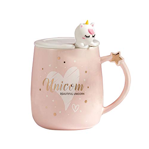 Rosado Taza Unicornio Corazón Taza de café de cerámica con Cuchara de Unicornio Preciosa, Taza linda café Té Leche Taza de Navidad para Mujer Muchachas 380ML