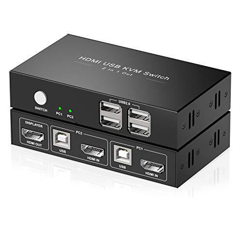 Rybozen HDMI KVM Switch Conmutador USB 2 Puertos, 4Kx2K@30Hz Switcher,4 USB 2.0 Hub,2 PC 1 Monitor,Ultra HD,con 2 Cable USB & 2 Cable HDMI
