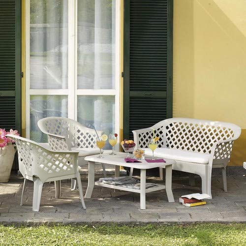 SATURNIA Ipae-Progarden - Juego de Muebles de jardín Compuesto por un Banco, Dos sillones y una Mesa, con Cojines Blancos, Modelo Veranda