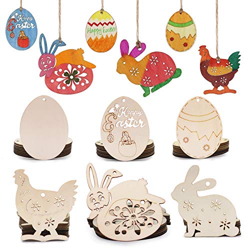 SEEHAN 60 piezas de decoración de Pascua de madera para pintar, manualidades de madera sin acabar, kit de decoración colgante de Pascua, huevos / pollo / conejo