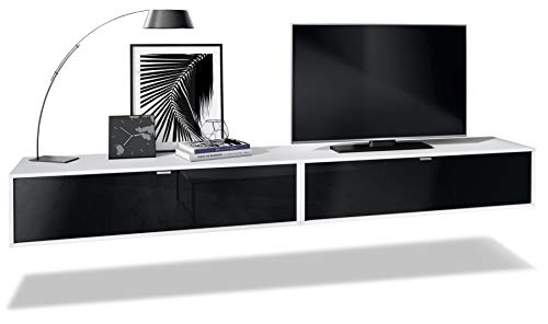 Set de 2 Muebles televisor Colgantes Lana 120, Cada Parte del Set Mide 120 x 29 x 37 cm, Cuerpo en Blanco Mate, frentes en Negro de Alto Brillo