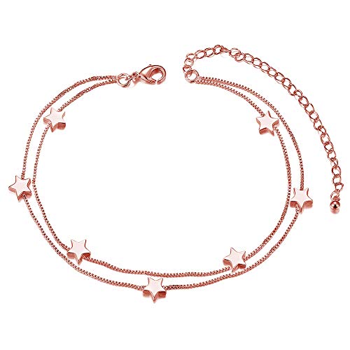 SHEGRACE Tobilleras Para Mujer con Cadenas Dobles Colgantes de Estrella en Acero Titanium Oro Rosa/Platino/Oro 18 K Plateado, Ajustable, 200 mm SHEGRACE Tobilleras Para Mujer con Cadenas Dobles Colgantes de Estrella en Acero Titanium Oro Rosa/Platino/Oro 18 K Plateado, Ajustable, 200 mm
