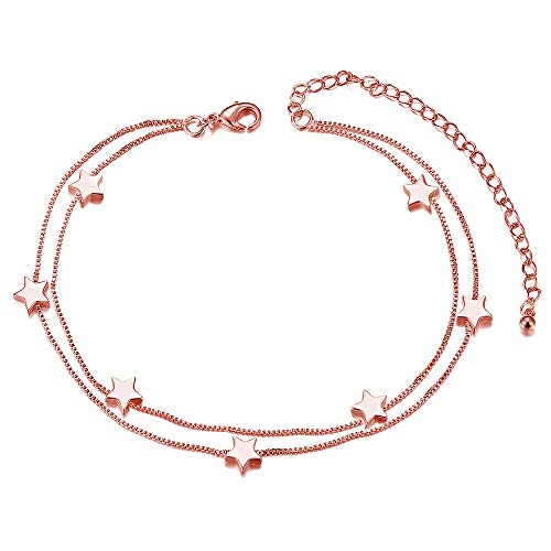 SHEGRACE Tobilleras Para Mujer con Cadenas Dobles Colgantes de Estrella en Acero Titanium Oro Rosa/Platino/Oro 18 K Plateado, Ajustable, 200 mm