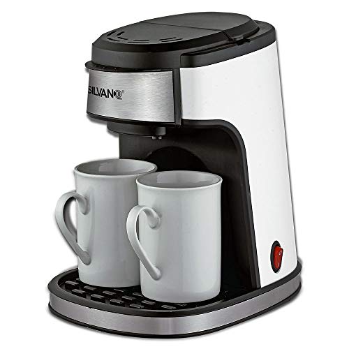 SILVANO Cafetera eléctrica de Goteo. Incluye 2 x Tazas de café de Porcelana. 240ML de Capacidad. Cesta removible para filtros. Potencia de 450W. Filtro Permanente. Interruptor ON/Off con luz piloto.