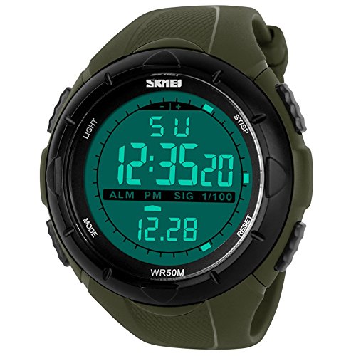 Skmei Reloj digital digital con pantalla LCD resistente al agua, multifunción, poliuretano, para hombre, 1025 (verde militar)