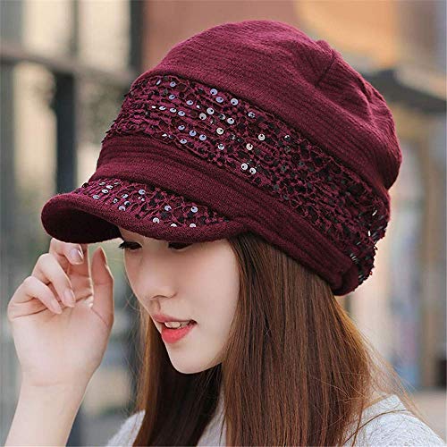 Sombrero de mujer Otoño Invierno Cuentas de encaje Orejeras grandes Sombrero de franela de punto Sombrero de mamá Sombrero de bicicleta cálida Sombrero de octágono,fucsia profundo (54-65 cm)