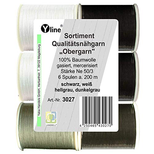 Surtido de 6 bobinas, 200 m de calidad, hilo negro de coser "superior" 3027, color blanco y gris, Ne 50/3, 100% algodón para la máquina de coser