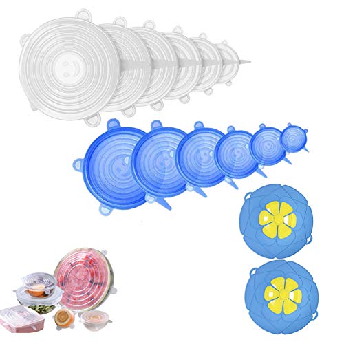 Tapas de silicona elásticas, 12 unidades, 18 de diferentes tamaños, tapa de silicona, tapa antigoteo, para alimentos, reutilizable para congelador, sin BPA (blanco azul, 14)